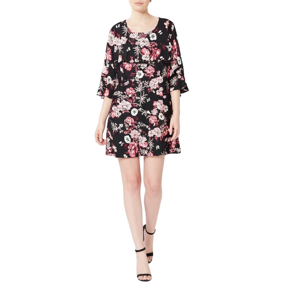 J Howard Shift Dress 8 Black Pink Floral Ruffled Bell Sleeve‎ Feminine Boho Chic